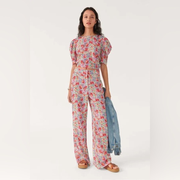 BA&SH Abo Floral Print Ecru White Multi High Waist Flowy Trouser Pants EUC Sz XS - Picture 2 of 12